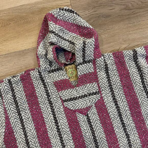 Vintage 90s Baja Joe Men’s Med Crandberry Mexican Baja Hoodie Drug Rug Pancho - Picture 9 of 12